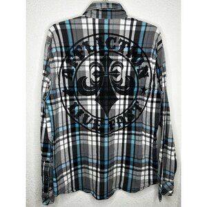 Affliction Black Premium Shirt Mens XL Gray Blue Plaid Western Embroidered Y2K